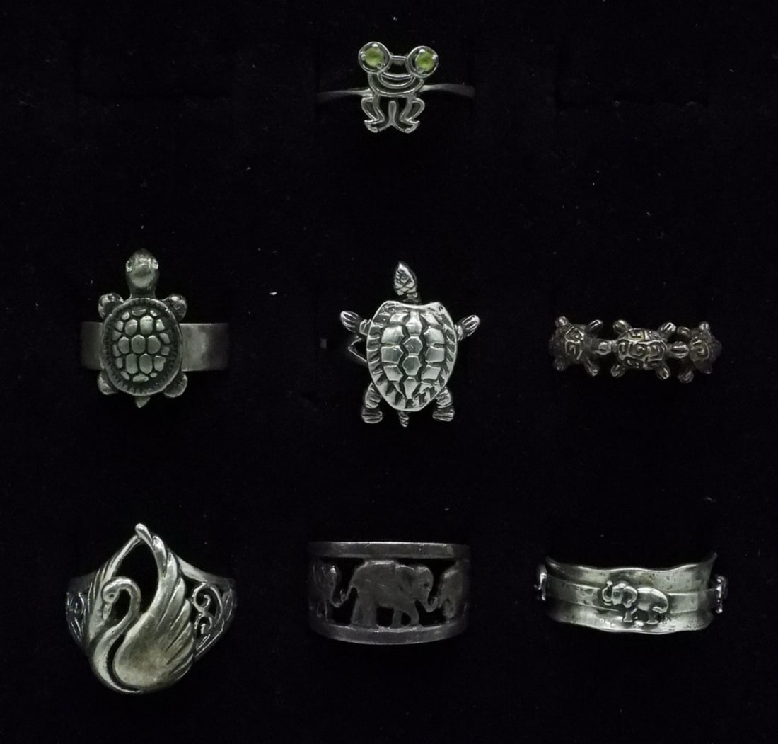 Turtles, Elephants & Other 925 Animal Rings: Seven sterling rings, three with turtles, two with elephants, one swan and one frog. Sizes 4.5 - 7 (18 dwt)