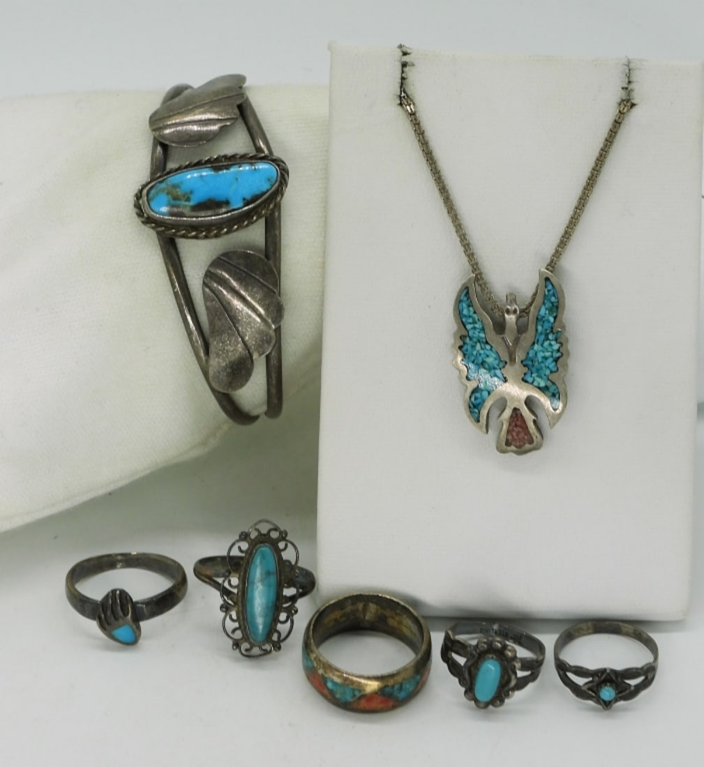 Turquoise Sterling Rings & Necklace (1 of 3)