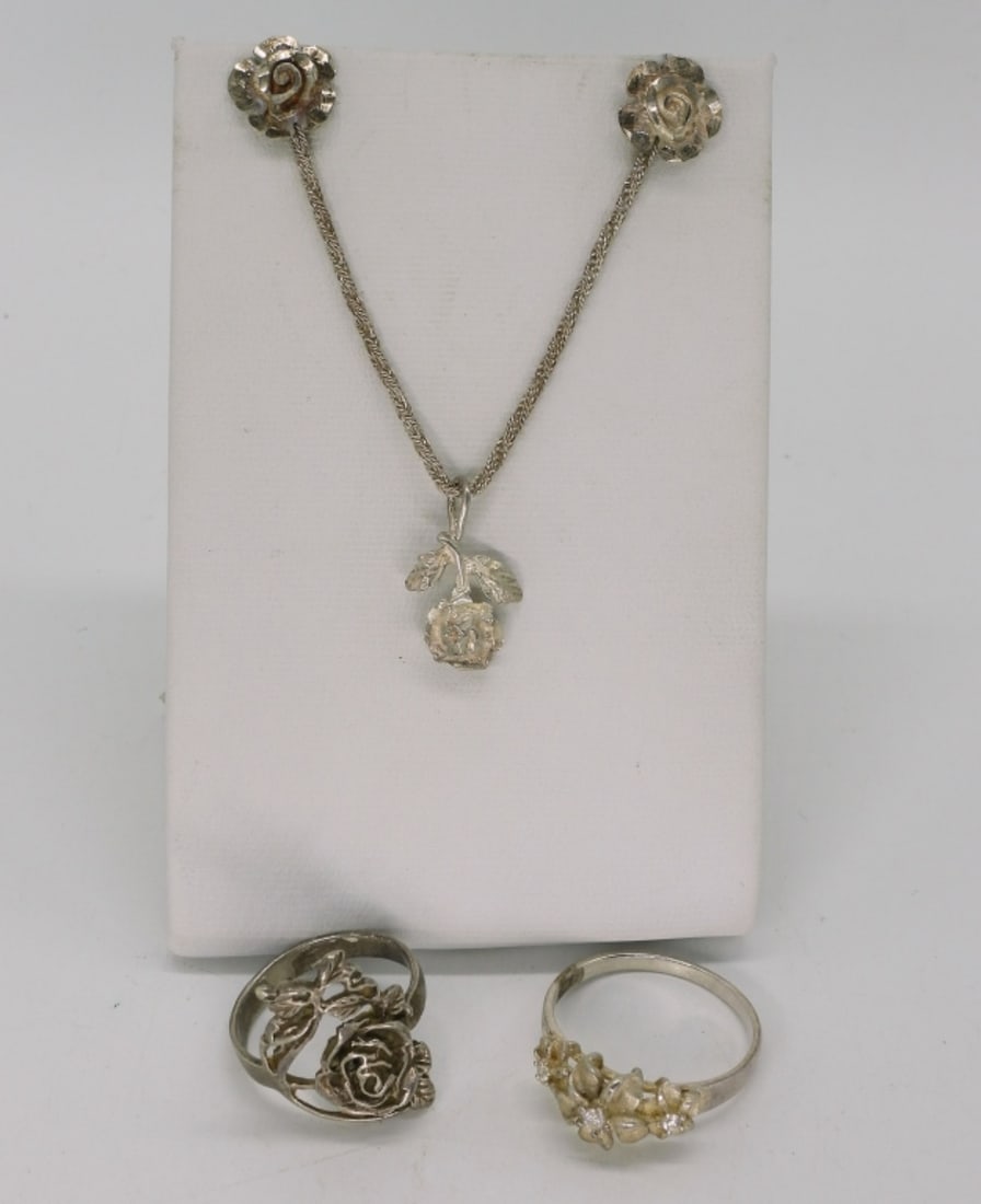 Sterling Rose Necklace, Earrings & Rings (1 of 1)