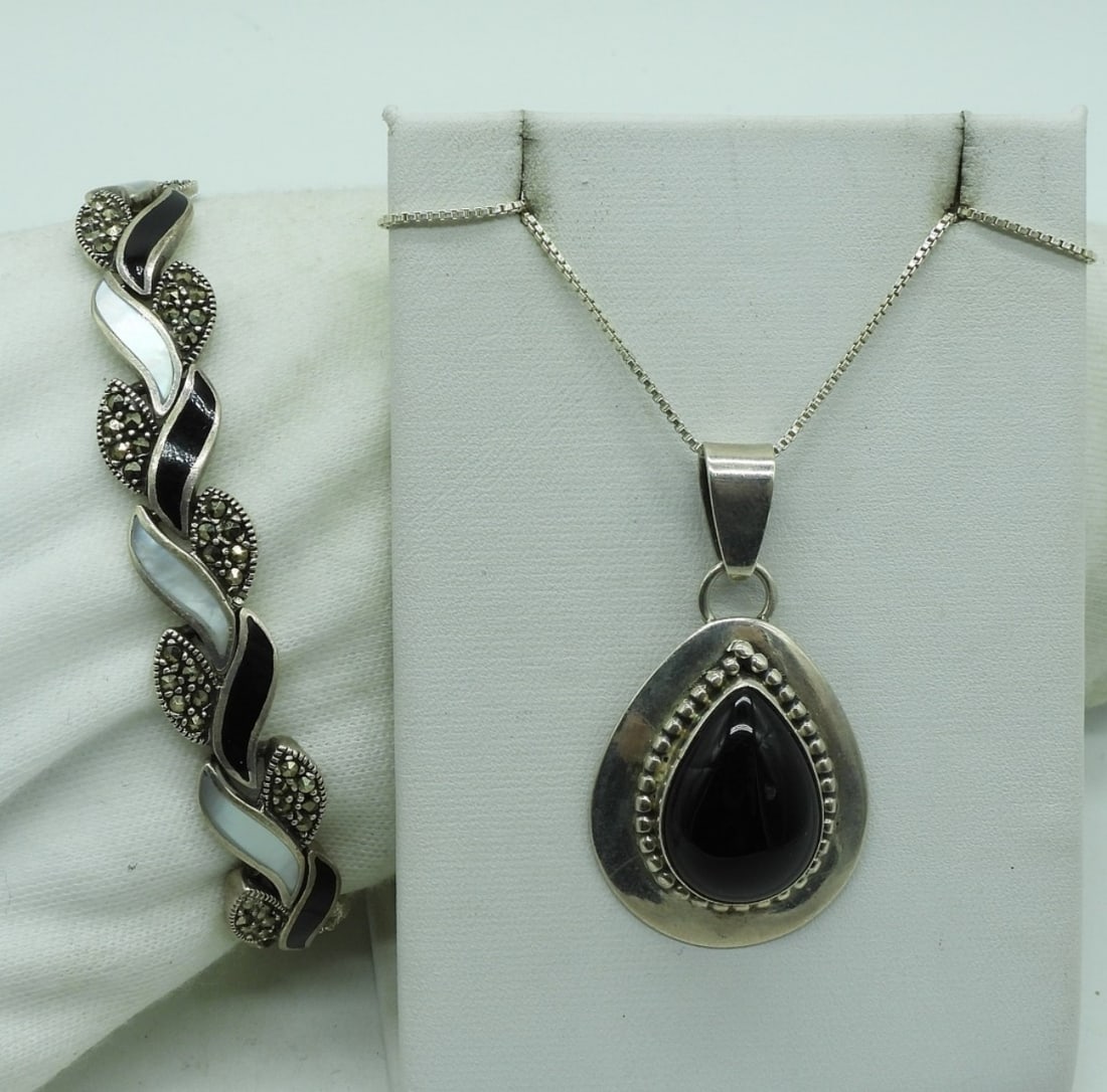 Black Onyx, Marcasite Necklace & Bracelet (1 of 2)