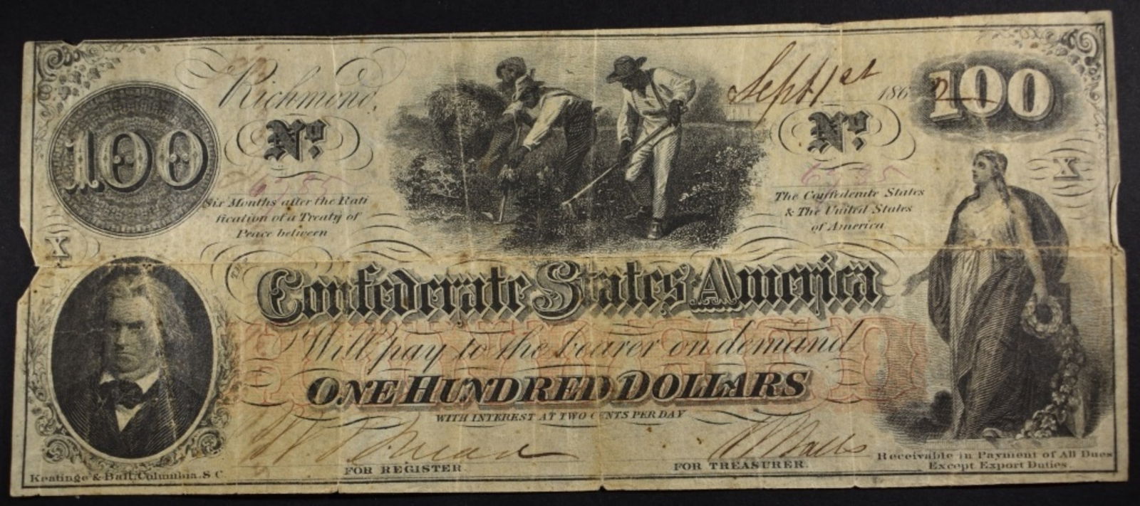 1862 $100 Confederate Note, Sept 1862 (1 of 2)