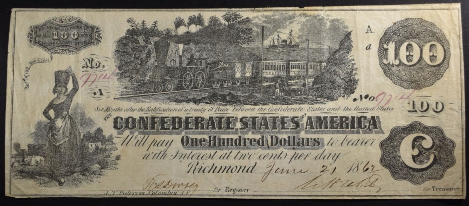 1862 $100 Confederate Note, June 21, 1862 (1 of 2)