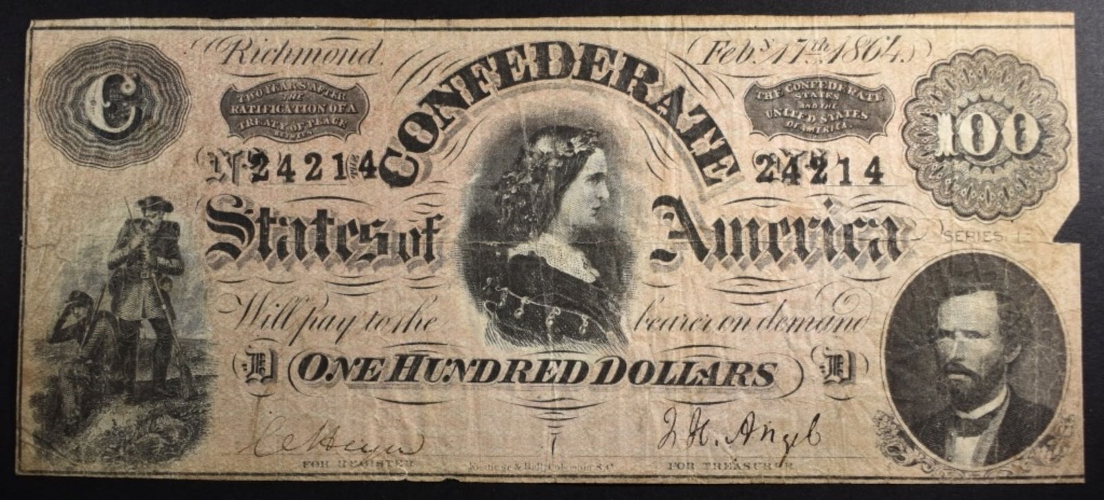 1864 $100 Confederate Note, Feb 17, 1864 (1 of 2)