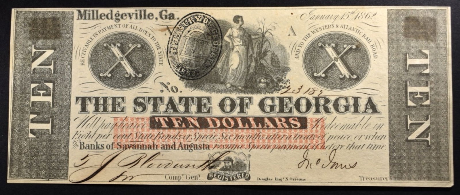 $10 Obsolete Note, State of Georgia Jan. 15, 1862 (1 of 2)