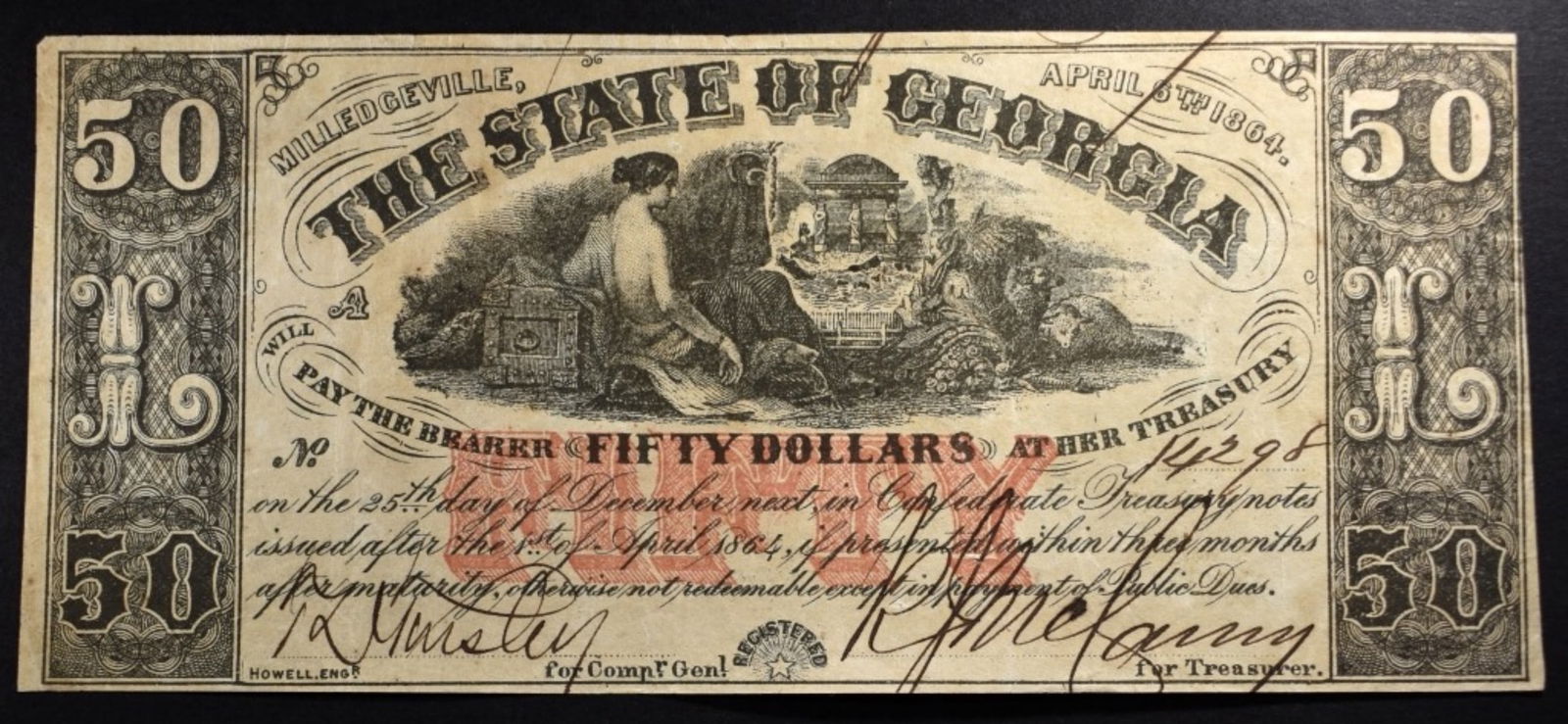 1864 $50 Ob. Note, Milledgeville, GA April 5: Bid live now!