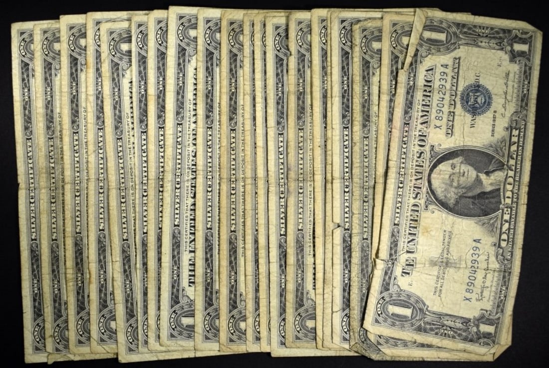 20- 1957 $1 Silver Certs, Low Grades: Follow us on Facebook, Instagram, X, and TikTok.