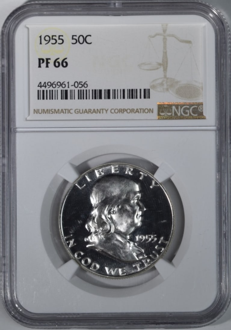 1955 Franklin Half, NGC PF-66: Follow us on Facebook, Instagram, X, and TikTok.