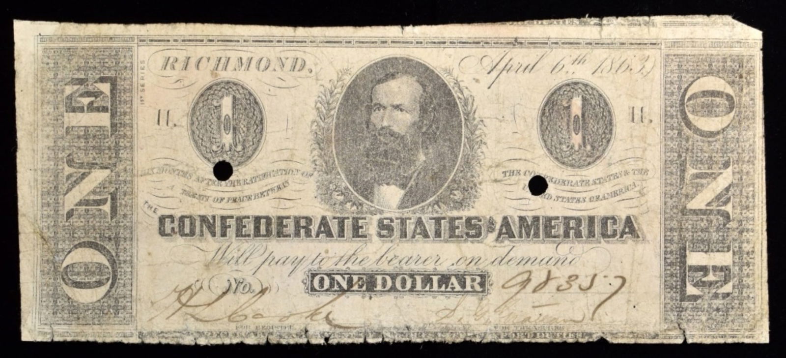 1863 $1 Confederate Note, April 6, 1863 Cancelled. (1 of 2)