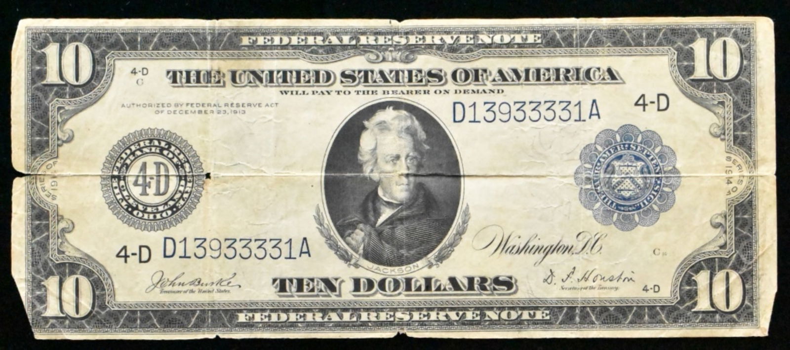 1913 $10 Silver Cert, SN D13933331A "4-D" (1 of 2)