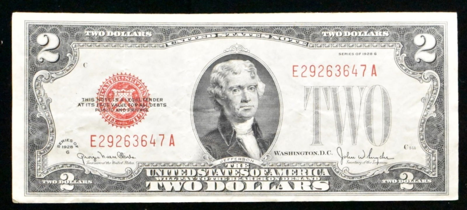1928 G $2 Red Seal, SN E29263647A (1 of 2)