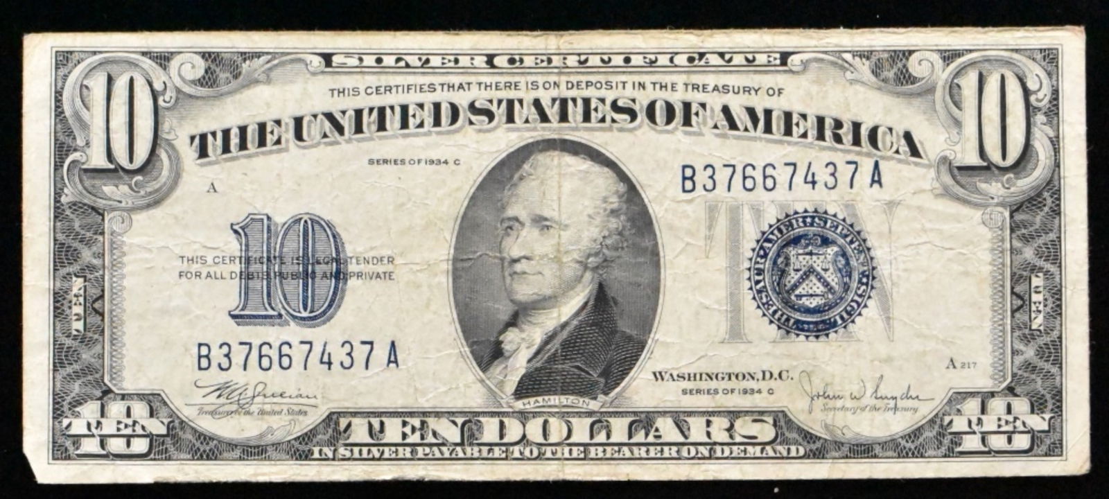 1934 C $10 Silver Cert, SN B37677437A: Bid with Vintage Auctions!
