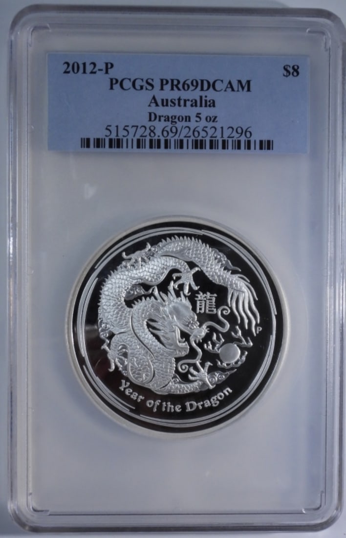 2012-P 5oz 999 Silver Dragon, PCGS PR-69 DCAM: Australia