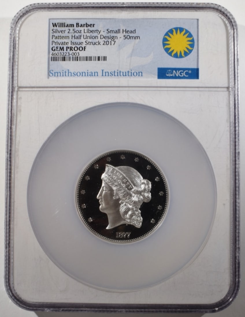 2.5oz Silver Liberty, Small Head, NGC Gem Proof: Pattern Half Union Design- 50MM. Private Issue Struck 2017