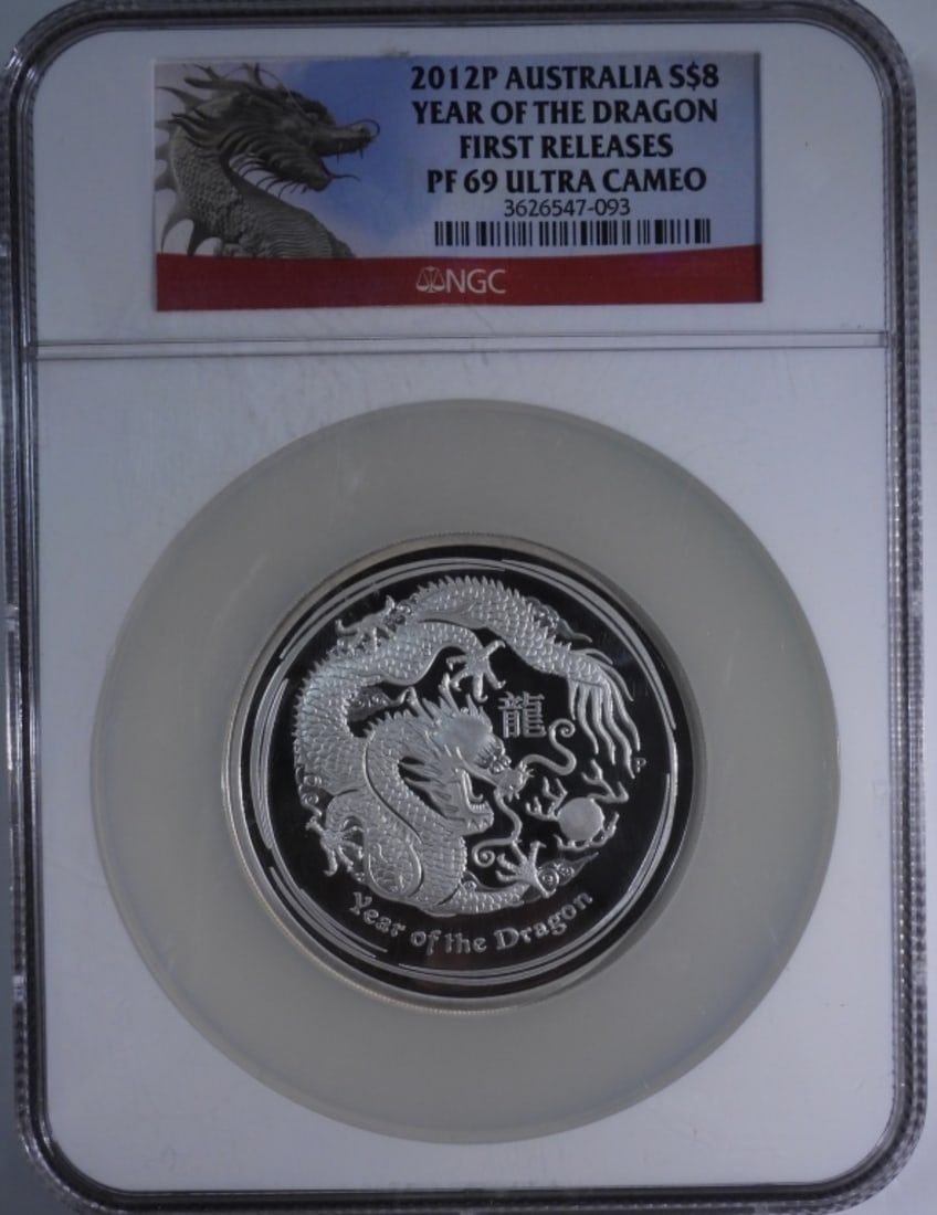2012-P 5oz Silver Year of the Dragon, NGC PF-69: Ultra Cameo. First Release
