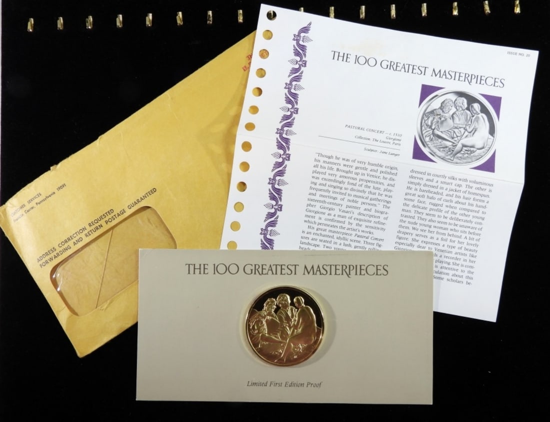 Franklin Mint Pastoral Concert: 2 ozt Art Round-The 100 Greatest Masterpieces With Original Envelope