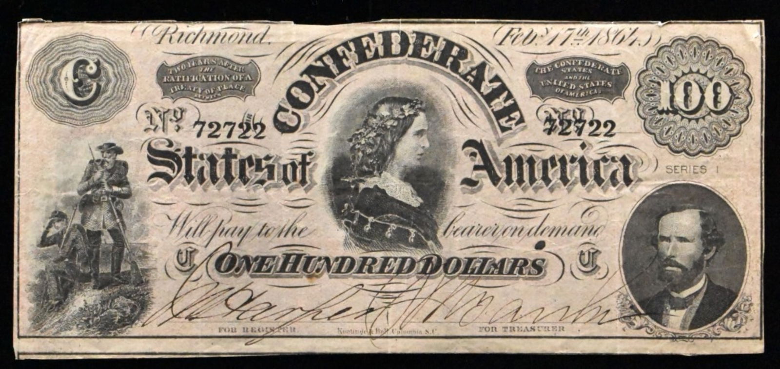 1864 $100 Confederate Note, Feb 17, 1864 (1 of 2)