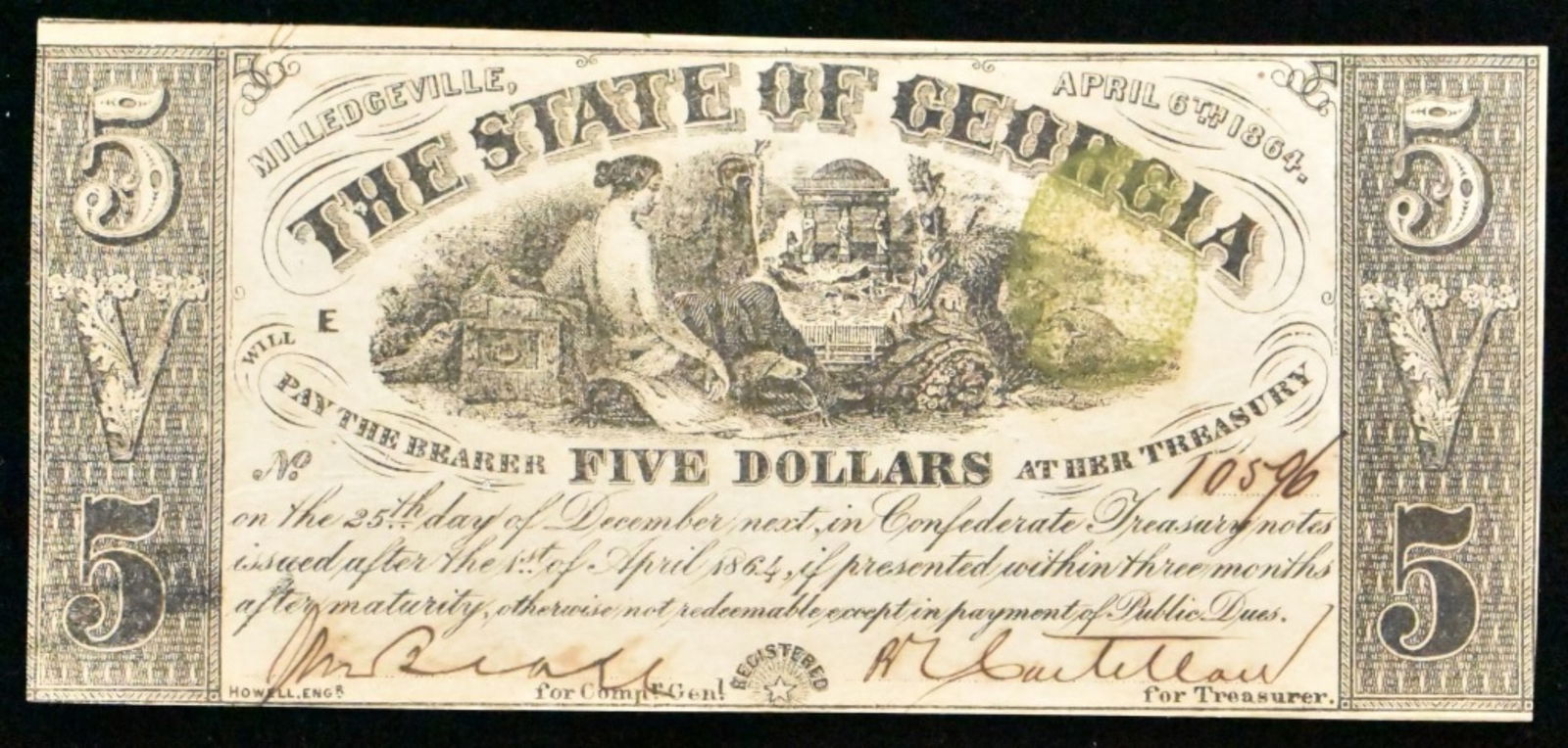 1864 $5 Ob. Note, Milledgville, GA: Bid with Vintage Auctions!