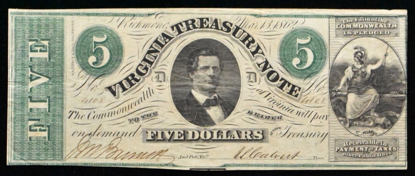 1862 $5 Virginia Treasury Note, Mar. 13, 1862 (1 of 2)