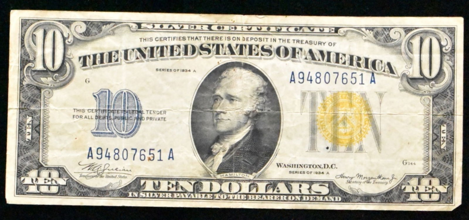 1934 A $10 Silver Cert North Africa,: SN A94807651A