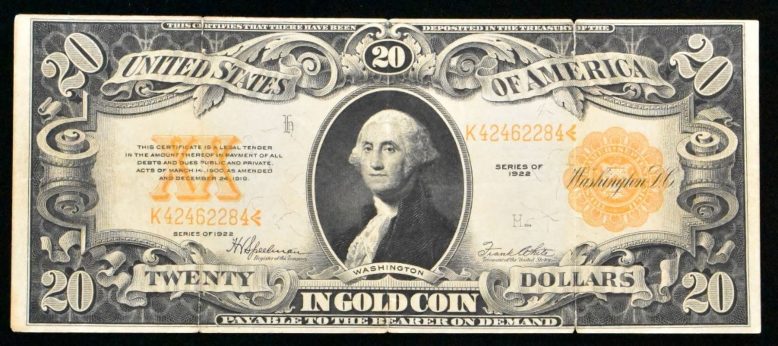 1922 $20 Gold Cert, SN K42462284: Your #1 shop for all things collectible.