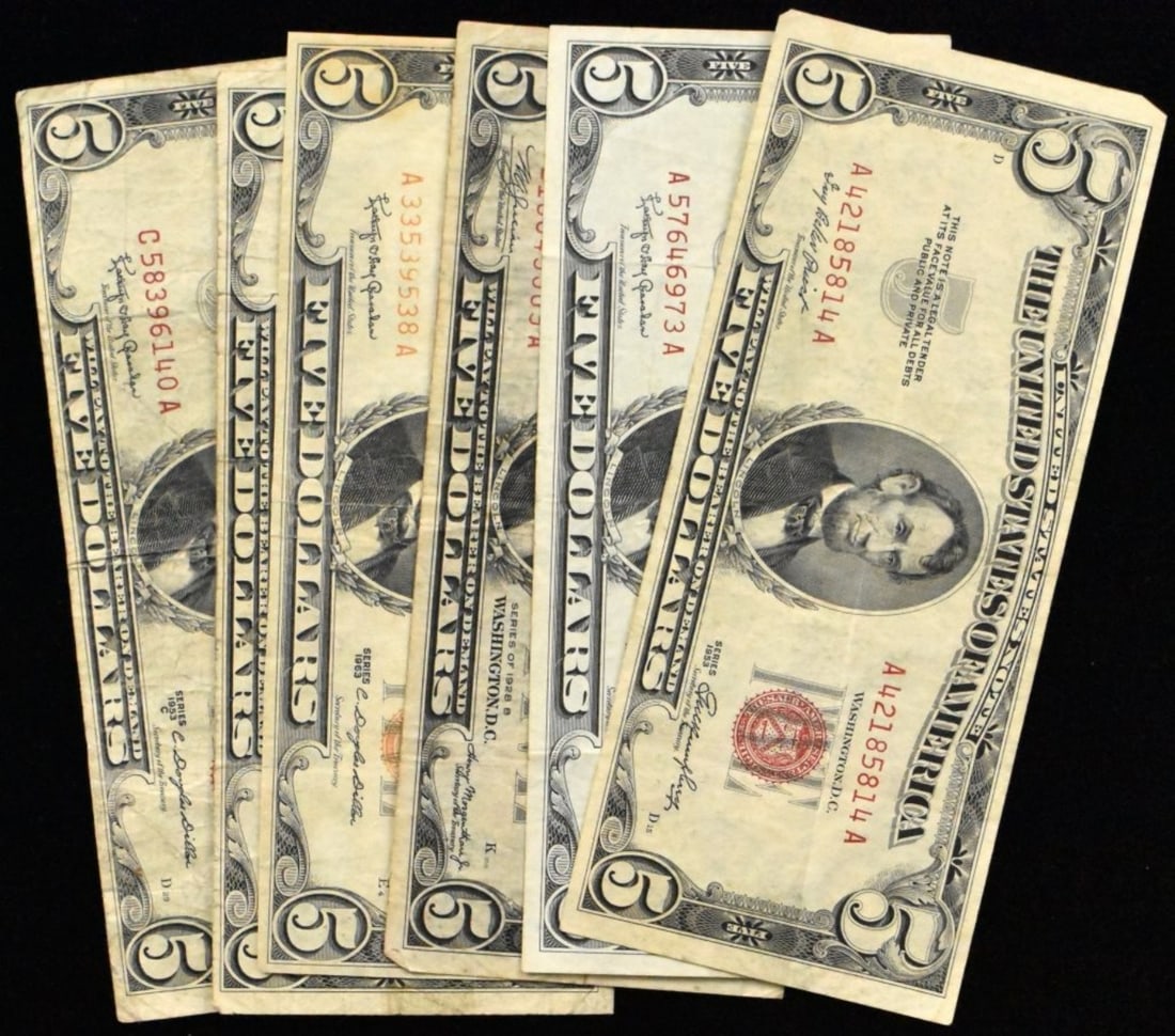 6- $5 Red Seals- Circ, Various Dates (1 of 2)