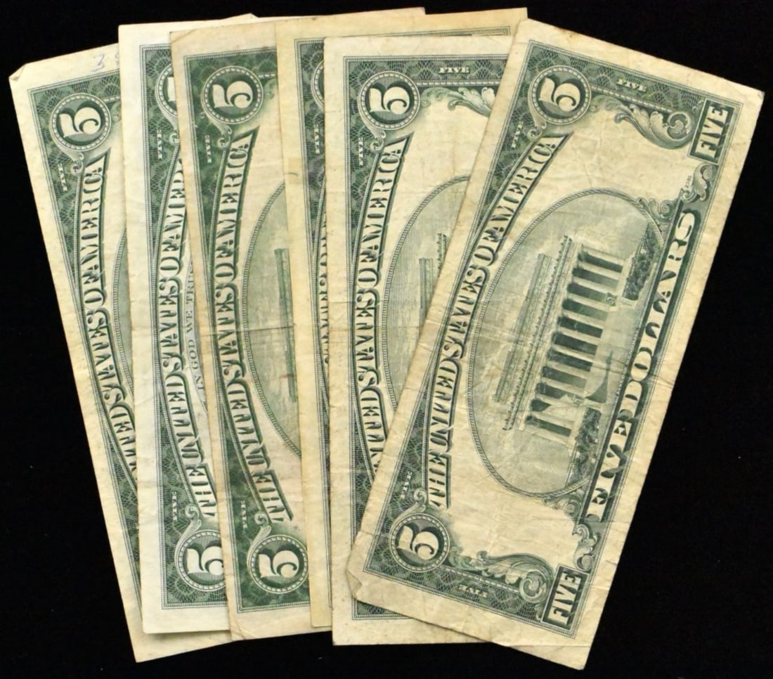 6- $5 Red Seals- Circ, Various Dates - 2