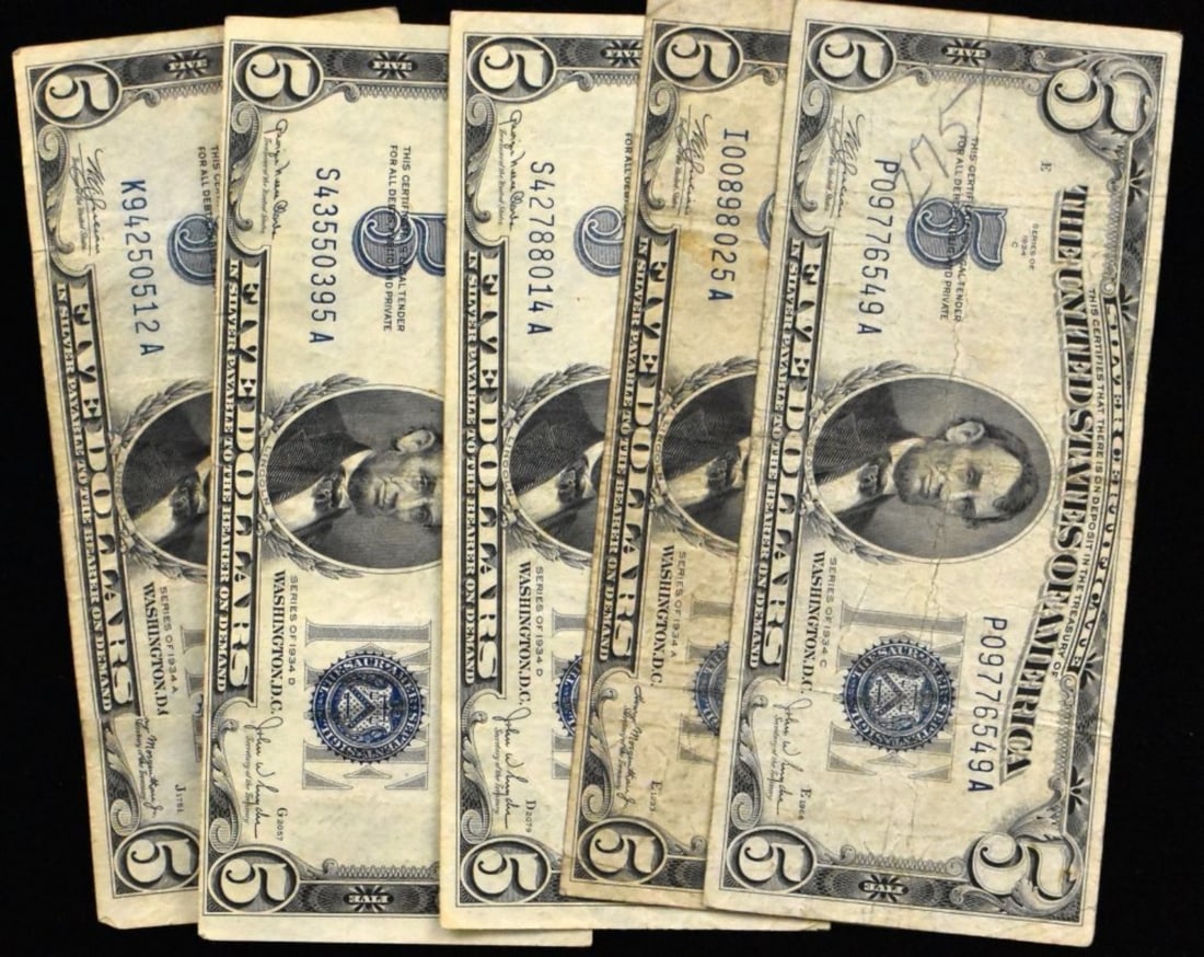5- $5 Silver Certs, Circ, Various Dates (1 of 2)