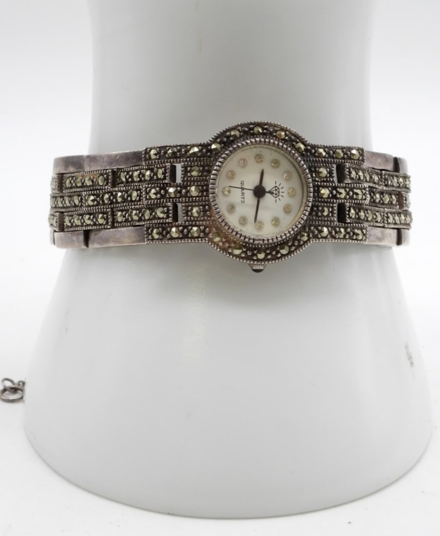Sterling Marcasite Ladies Watch: Quartz - for repair, new battery, preowned (weight 39 dwt). Watches are not verified, authenticated, or tested in running condition unless specified.