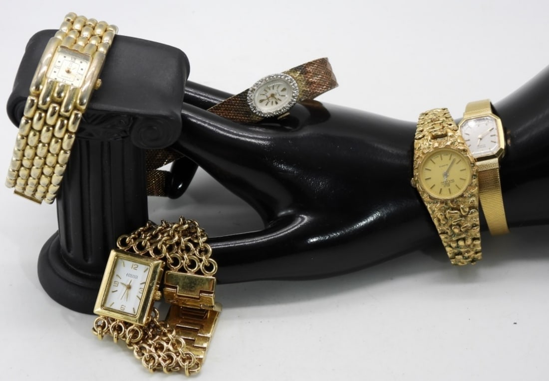 (5) Classy Gold-Tone Women's Clasp Watches: Some are ornate, and some are minimalist. Watches are not verified, authenticated, or tested in running condition unless specified.