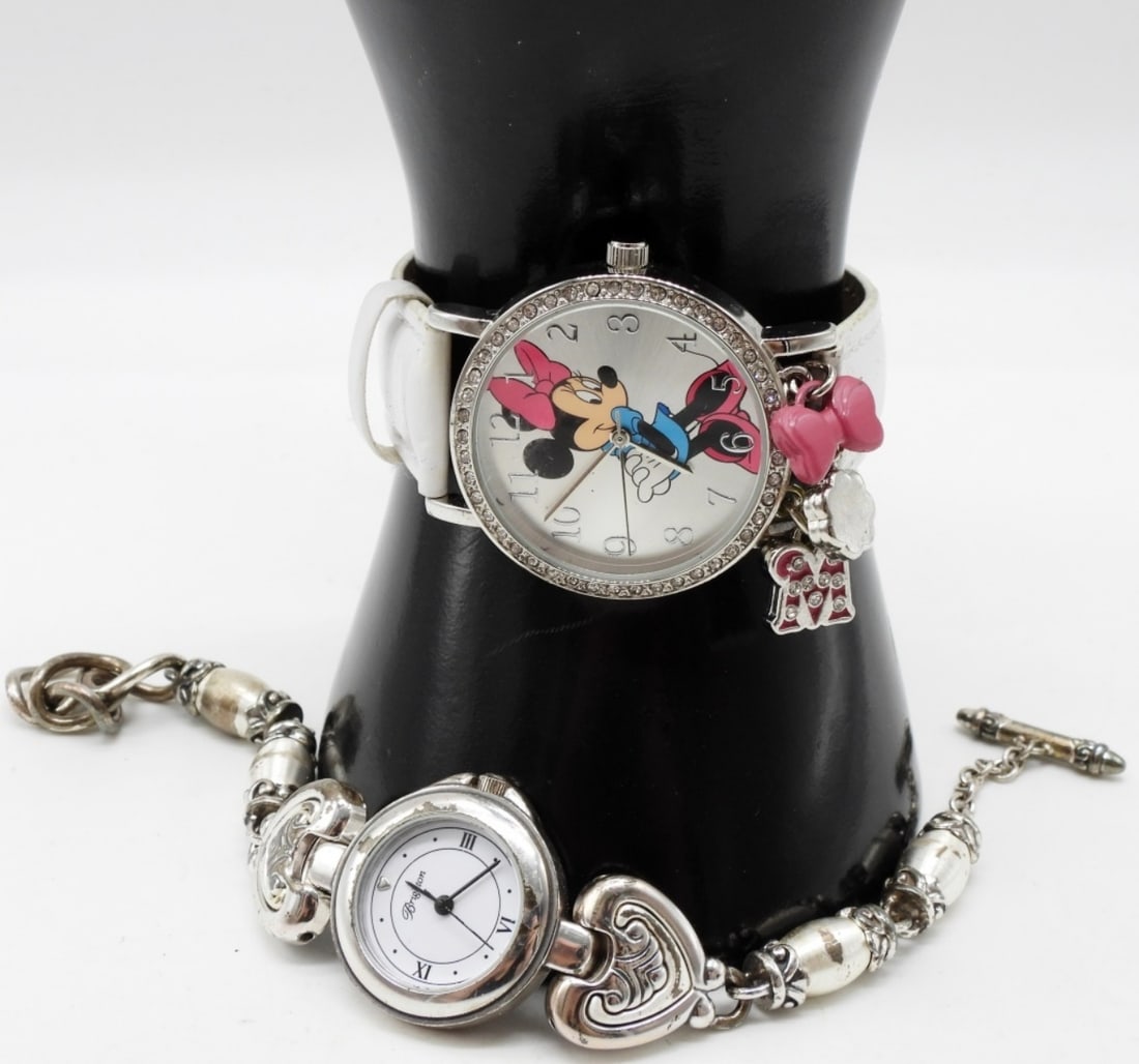 (2) Ladies' Watches Disney & Brighton: Disney Mini Mouse Vintage Watch White Strap! Brighton Marrakesh Women's Silver Tone Quartz With Toggle Clasp. Watches are not verified, authenticated, or tested in running condition unless specified.