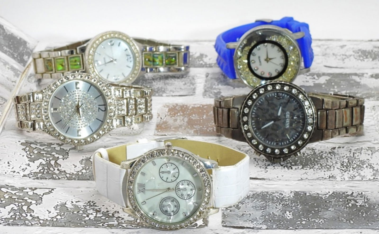 (5) Rhinestone Watch Mixed Lot: Flashy and bold! Watches are not verified, authenticated, or tested in running condition unless specified.