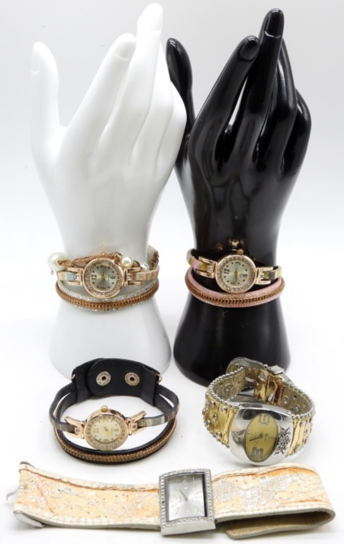 (5) Women's Fabric Bracelet Watches: 3 have snaps Watches are not verified, authenticated, or tested in running condition unless specified