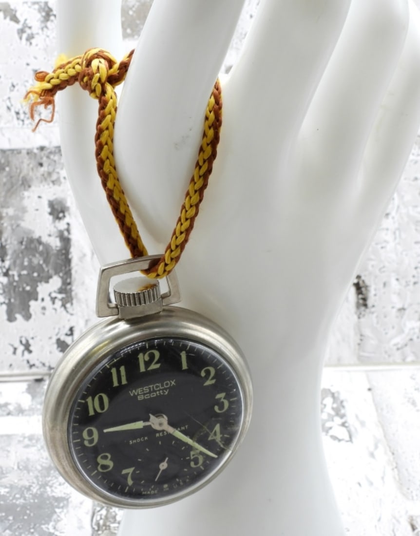 Westclox Scotty Pocket Watch Shock Resistant: Black open face. The glass is cracked! Watches are not verified, authenticated, or tested in running condition unless specified.