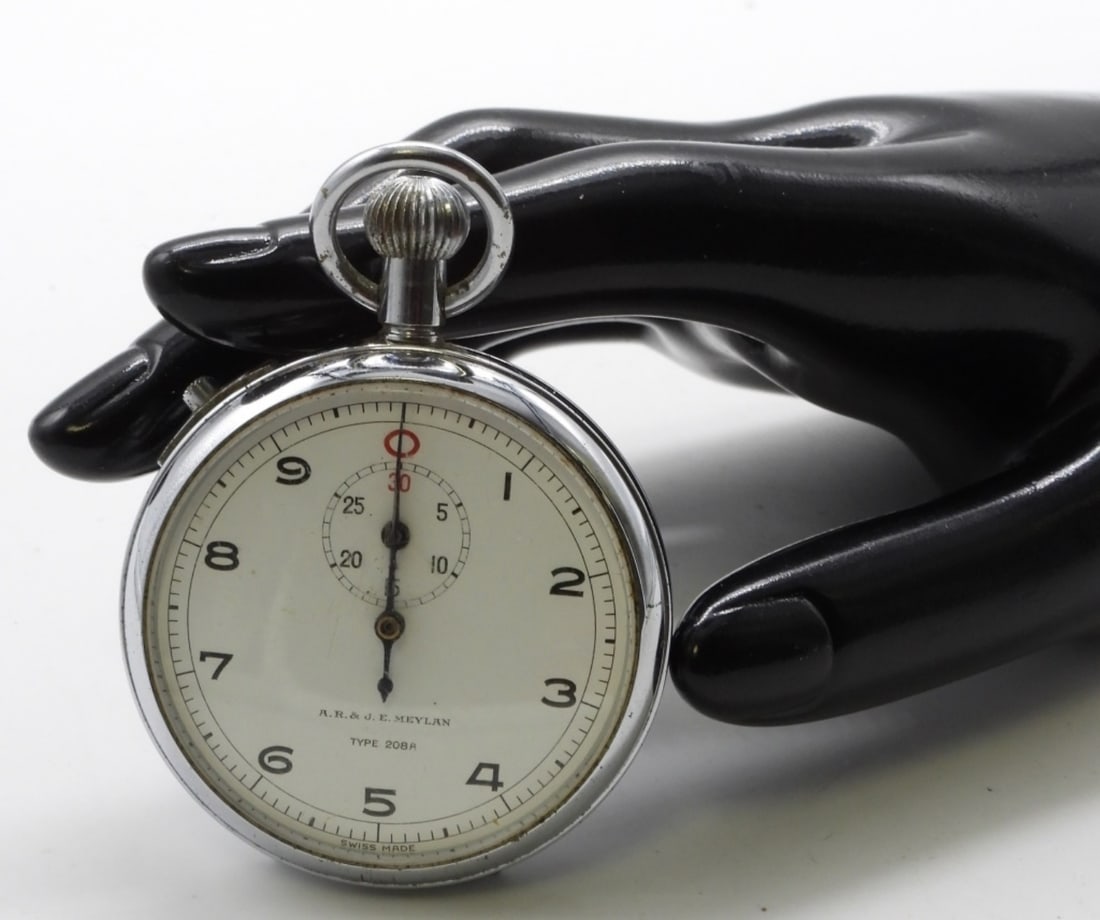 A.R.&J.E. Melan Type 208A Stopwatch: Dept 84.0 Toledo Scale Co engraved on the back. Watches are not verified, authenticated, or tested in running condition unless specified.