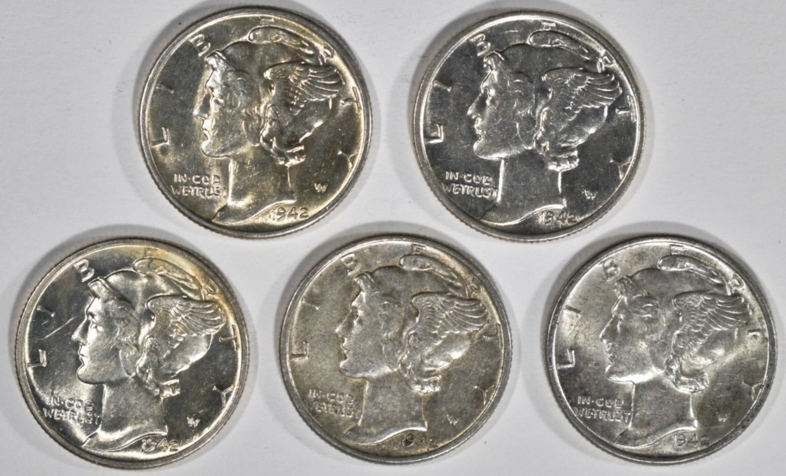 (5) 1942 Mercury Dimes, AU/BU: Bid with Vintage Auctions