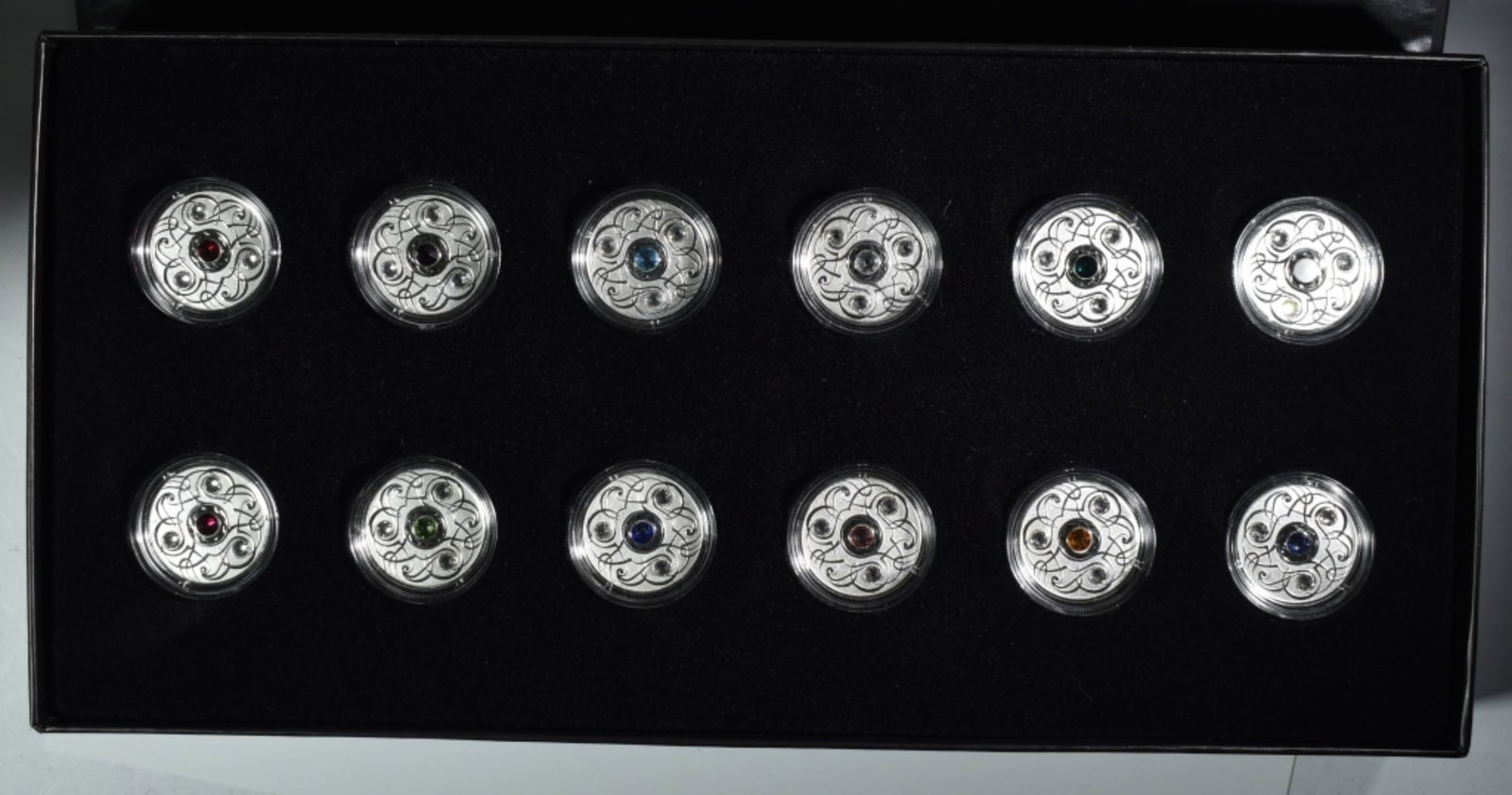 2020 999 Silver Birthstone Set in Box with COA: Includes 12 coins with stone for each month