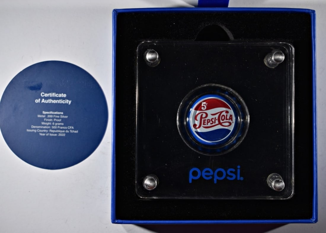 2022 Pepsi Silver "Bottle Cap" 6 grams In Box: Bid with Vintage Auctions!