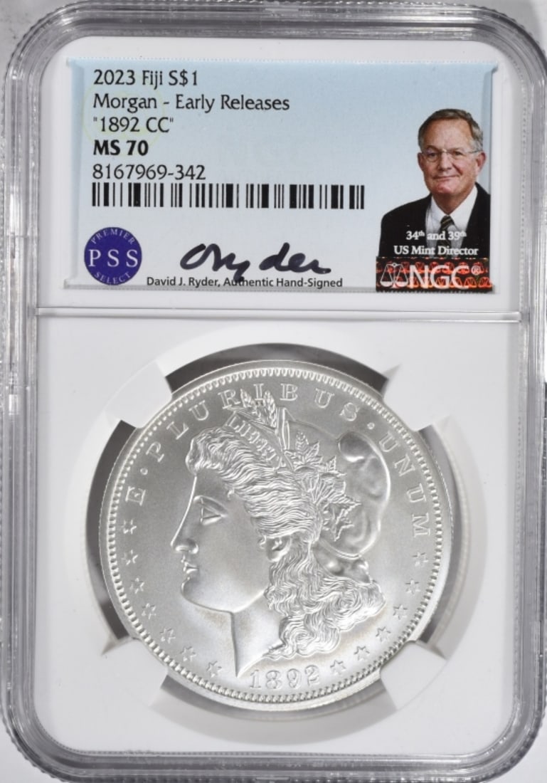 Morgan Restike "1892-CC", NGC MS-70: Follow us on Facebook, Instagram, X, and TikTok.
