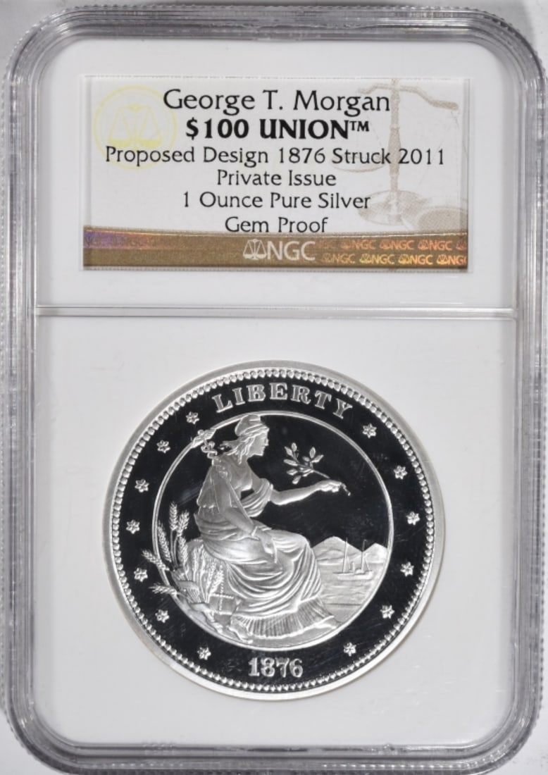 1876 Silver Restrike, $100 Union, NGC Gem PF: George T Morgan proposed design. Struck in 2011