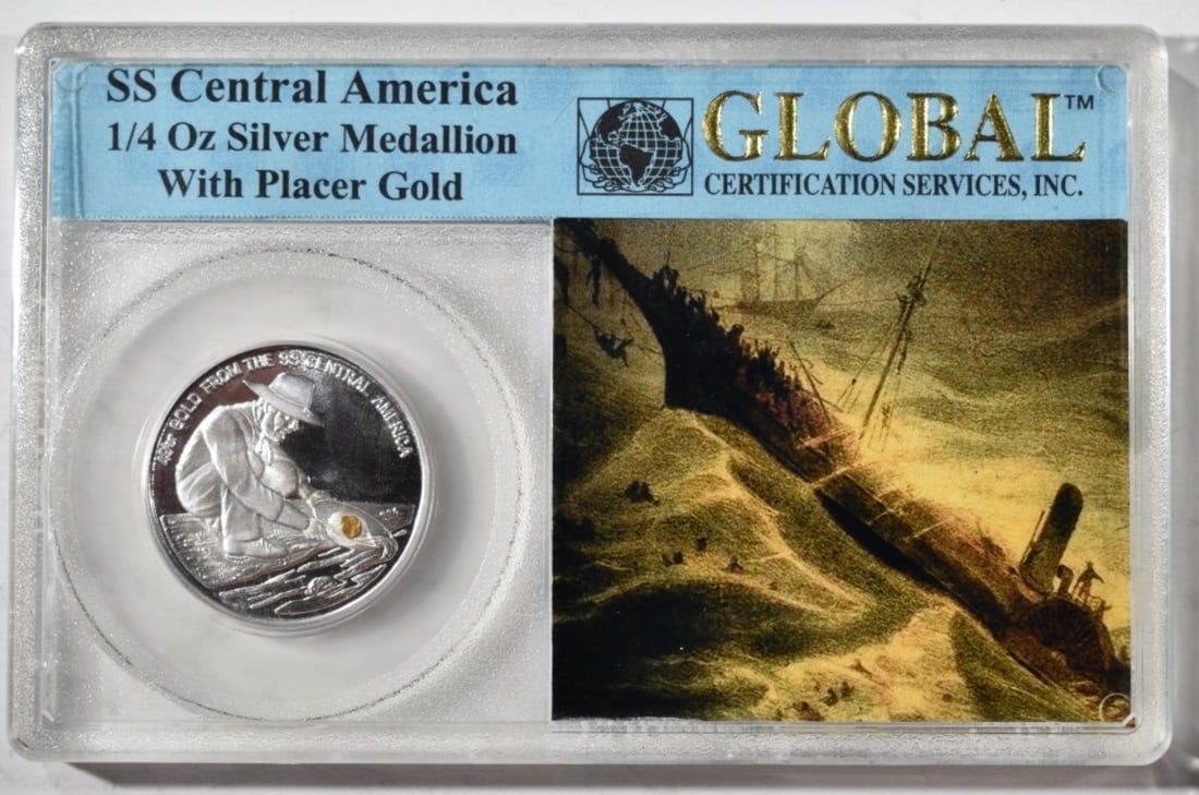 1/4oz Silver Medallion With Placer Gold: SS Central America. The California Goldrush
