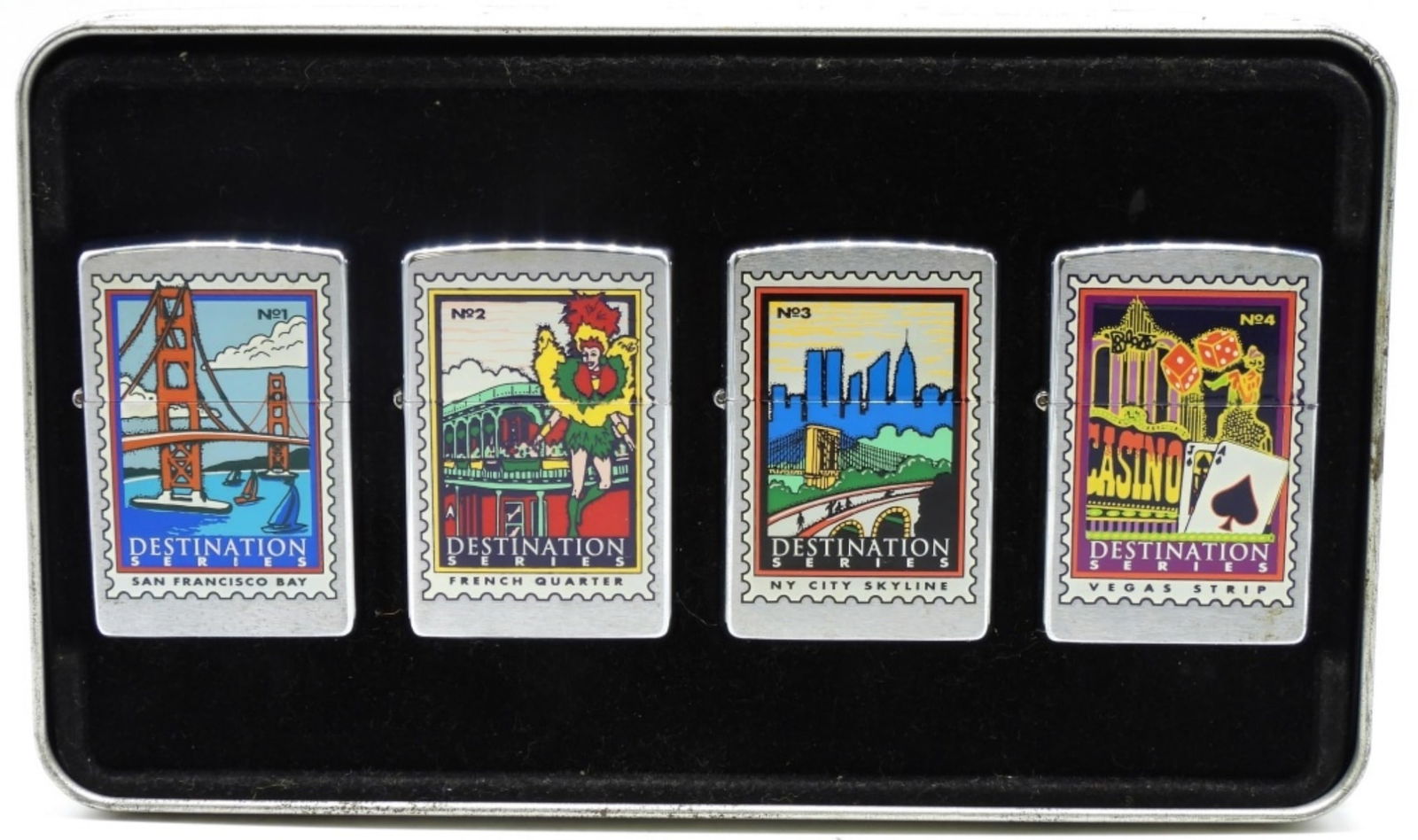 2000 Zippo Destination Series Unfired: All are unfired. 2000. Complete set with San Francisco Bay, French Quarter, NY City Skyline, and Vegas Strip. Comes in a tin case