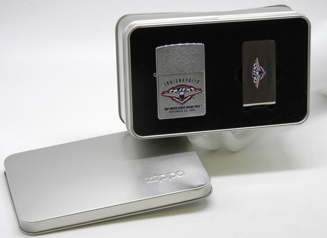 F1 Indianapolis Zippo & Money Clip 2001 Sealed: Sap United States Grand Prix September 30, 2001. Formula 1. Comes with a money clip. In a tin case