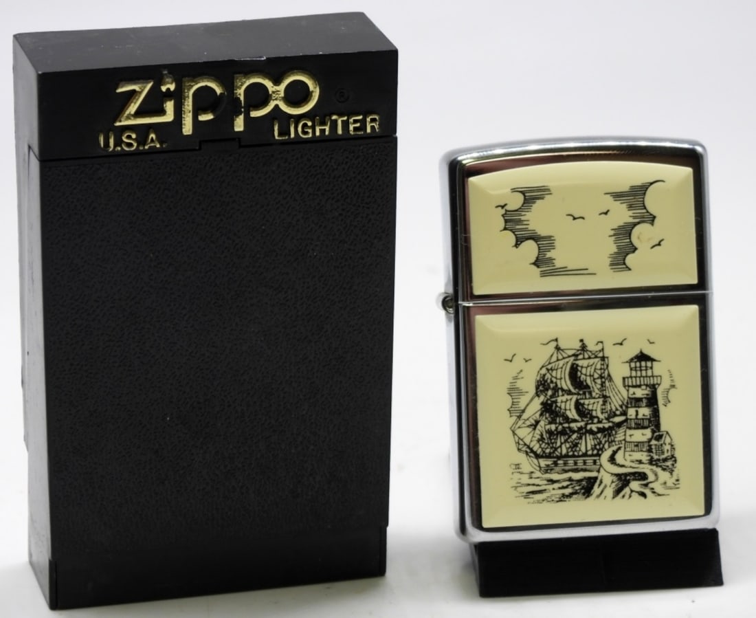 1999 Scrimshaw Ship & Lighthouse Zippo Unfired: Unfired. Come in a box.