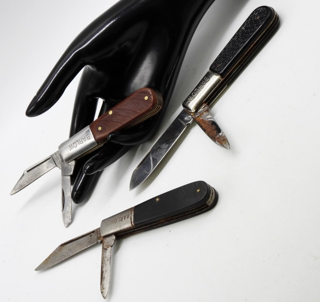 (3) Barlow Two Blade Pocket Knives: All the handles are different (2) are black, however have a different texture. (1) Is brown