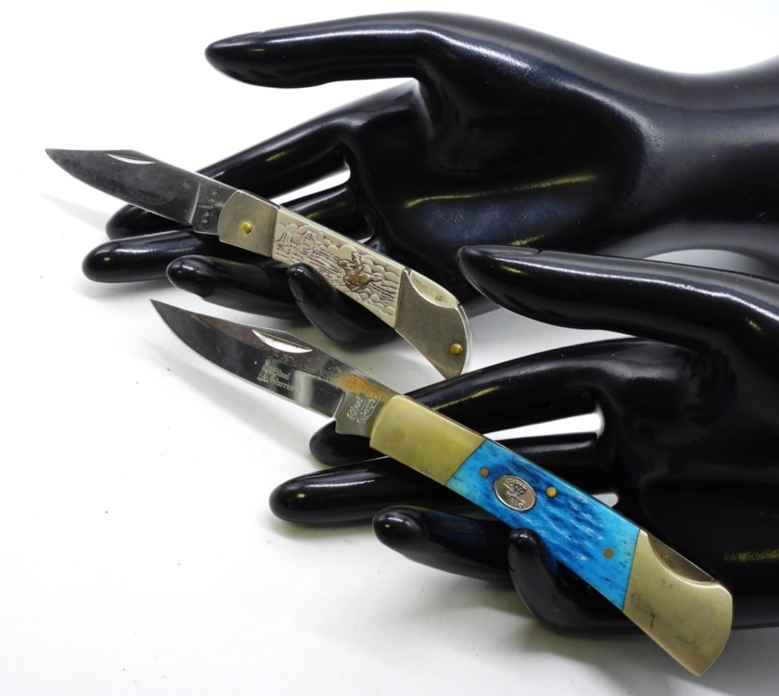 (2) Colorful Lock-Back Pocket Knives: 1) Steel Warrior (blue) 2) BH090 small (light purple with a western scene)