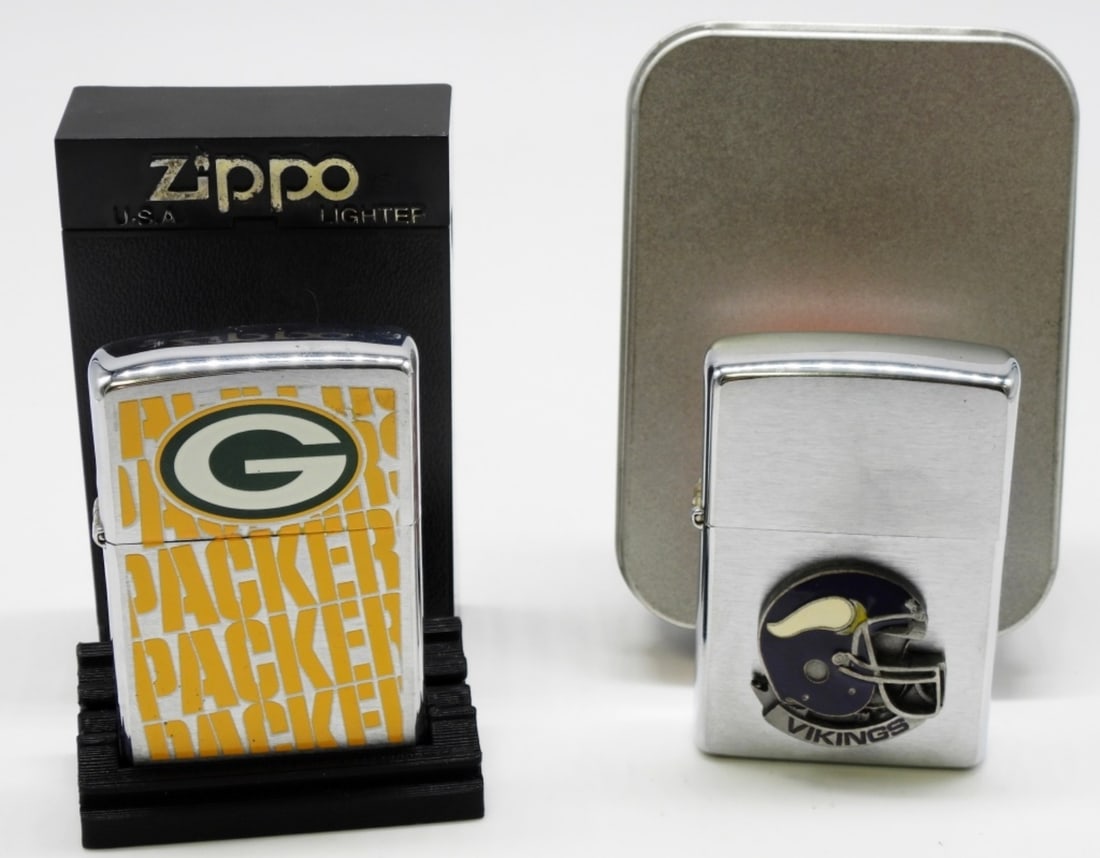 NFL Vikings & Packers Zippo Unfired: Unfired. Minnesota Vikings and Green Bay Packers Zippos. Both in a box