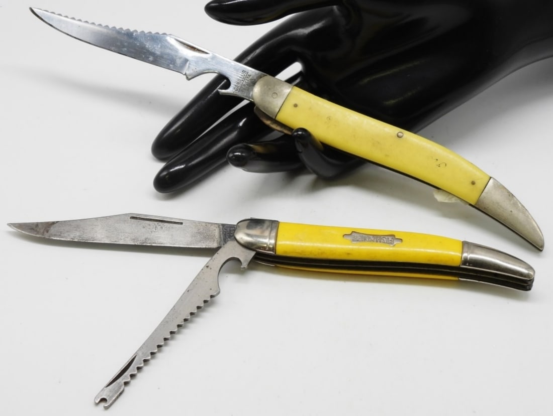 (2) Yellow Handle Fishing Knives: 1) Single-blade Camillus. 2) Double-blade Imperial