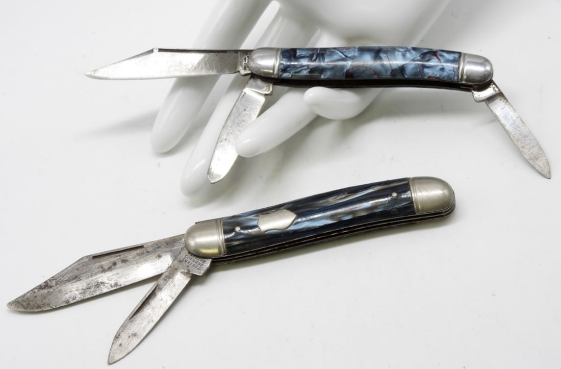 (2) Blue-Handle Pocket Knives: 1) Three-blade Hammer brand by Imperial 2) Double-blade