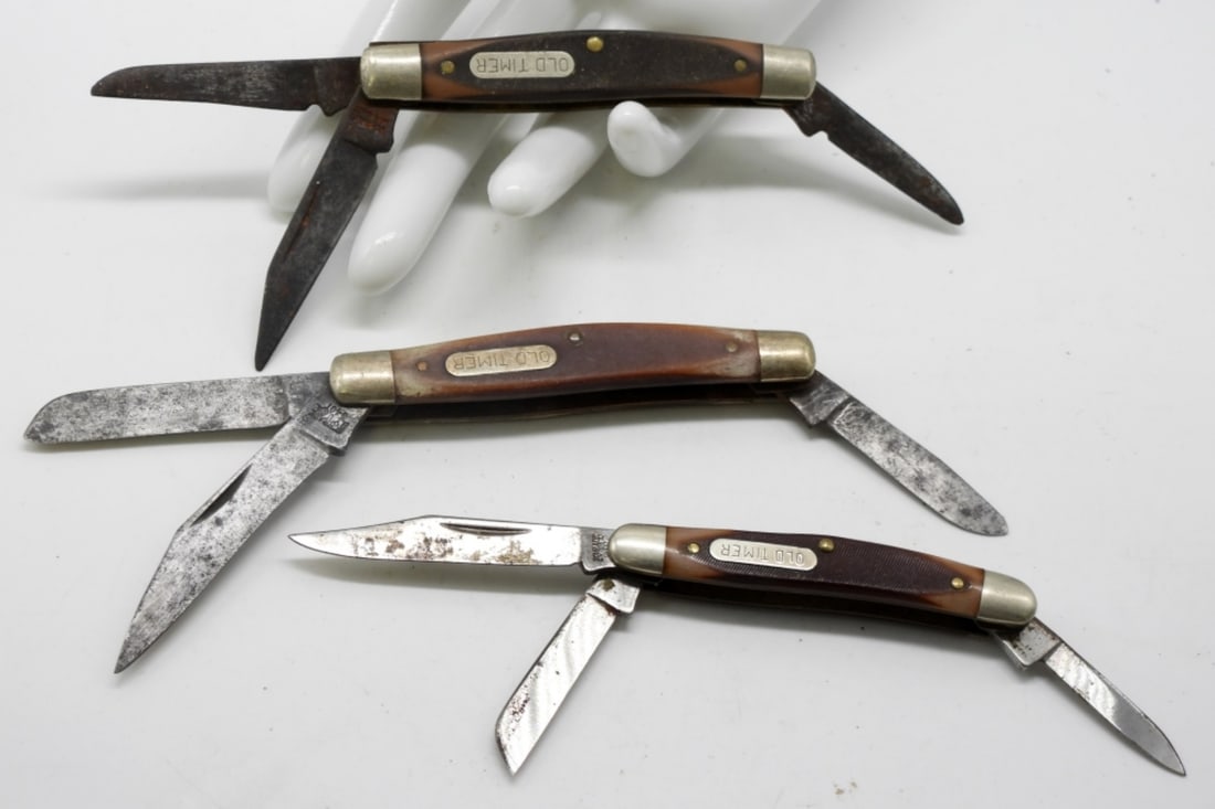 (3) Schrade Old Timer Pocket Knives: Two different sizes, however they are all three-blade