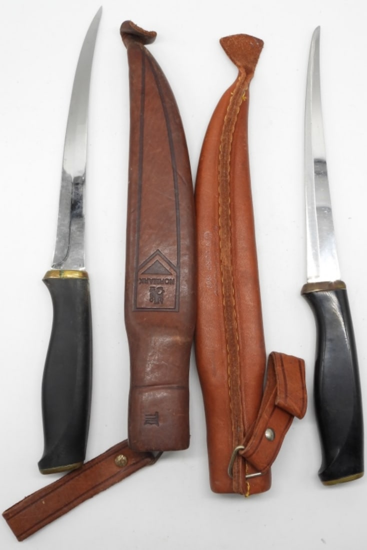 (2) Vintage 1967 Normark Fiskars: Finland Stainless Fillet Knife W/Leather Sheath